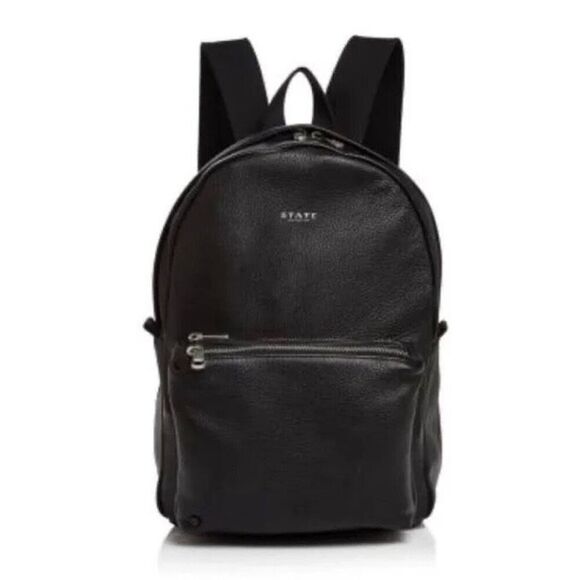 STATE Black Pebble Genuine Leather Backpack  w 3 Exterior Zip Pockets *Pristine - Picture 1 of 13